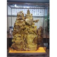 【山水】黄金樟精雕，配精美鸡翅玻璃外框 木雕 长80/宽21/高105厘米